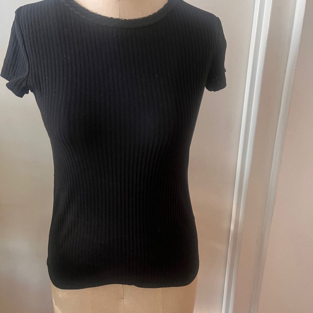 HELMUT LANG Black Ribbed‎ Frayed Neck Tee Size XS